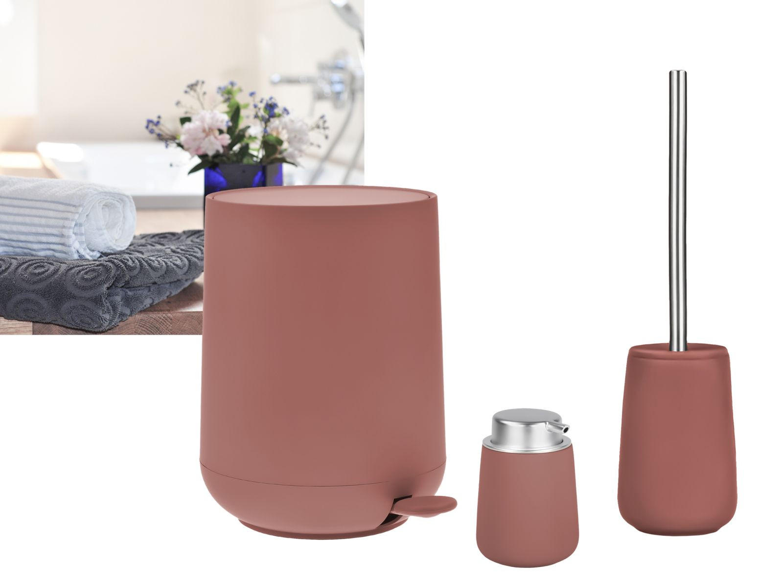 BAD ACCESSOIRES SET Nova 3tlg. peach red (pfirsich rot) - Rot, Kunststoff (23/29/23cm) - Zone Denmark