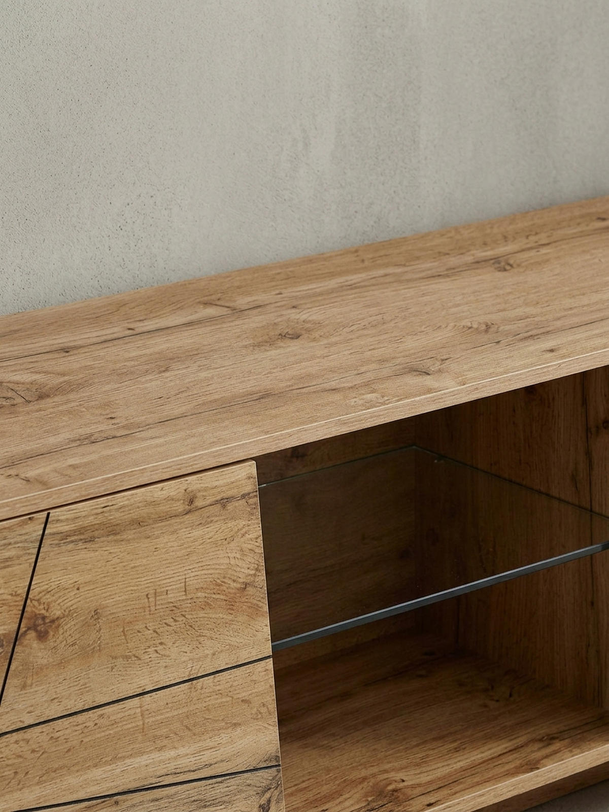 LOWBOARD Eiche-Dekor Modern Stil für 70-Zoll Fernseher mit Glasablage - Braun, Holz (160/50/40cm) - KADIMA DESIGN