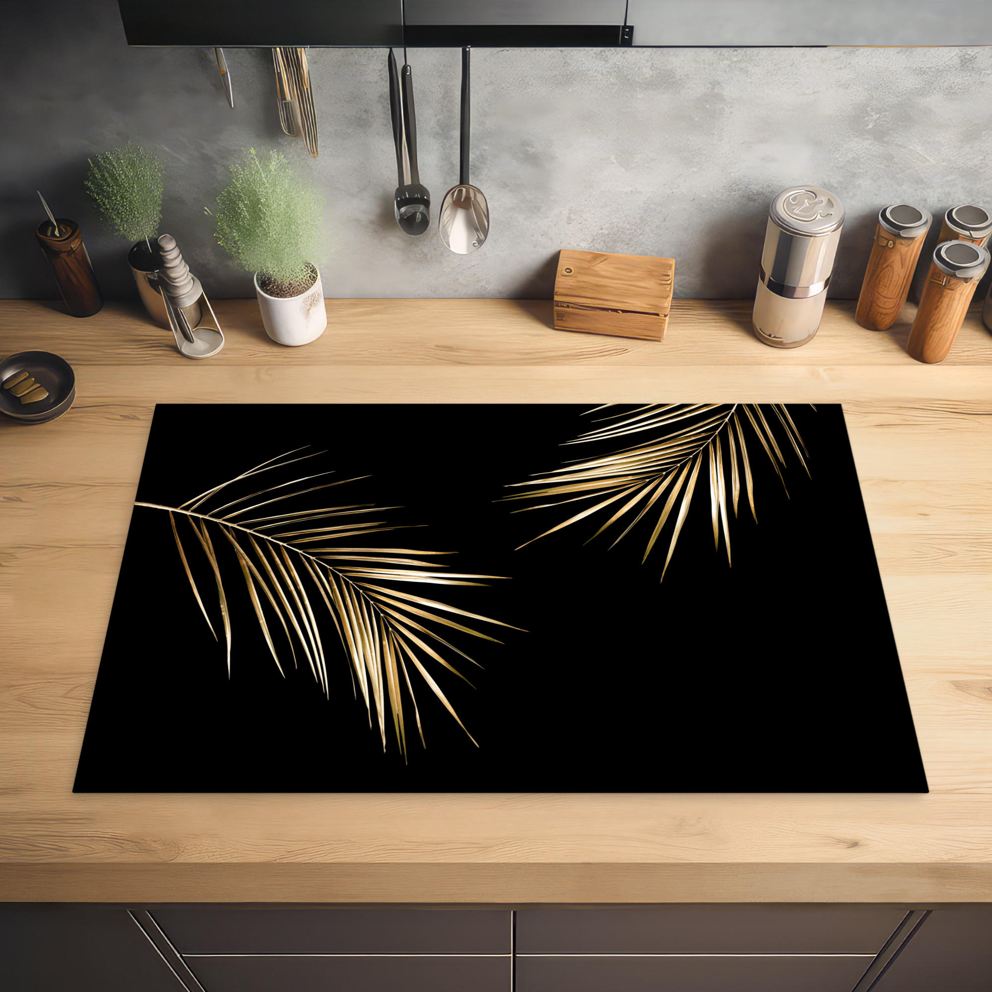 HERDABDECKPLATTE Blätter - Pflanzen - Gold - Schwarz - Luxus 81x52 cm - Goldfarben, Kunststoff (81.2/0.2/52cm) - MuchoWow