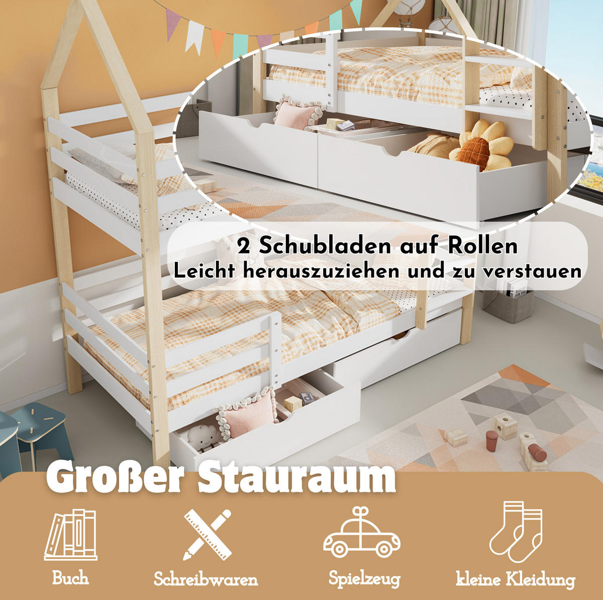 ETAGENBETT aus Kiefernholz 90x200 cm in Weiß mit Schubladen & Rausfallschutz - Weiß, Holz (90/200cm) - Modfu