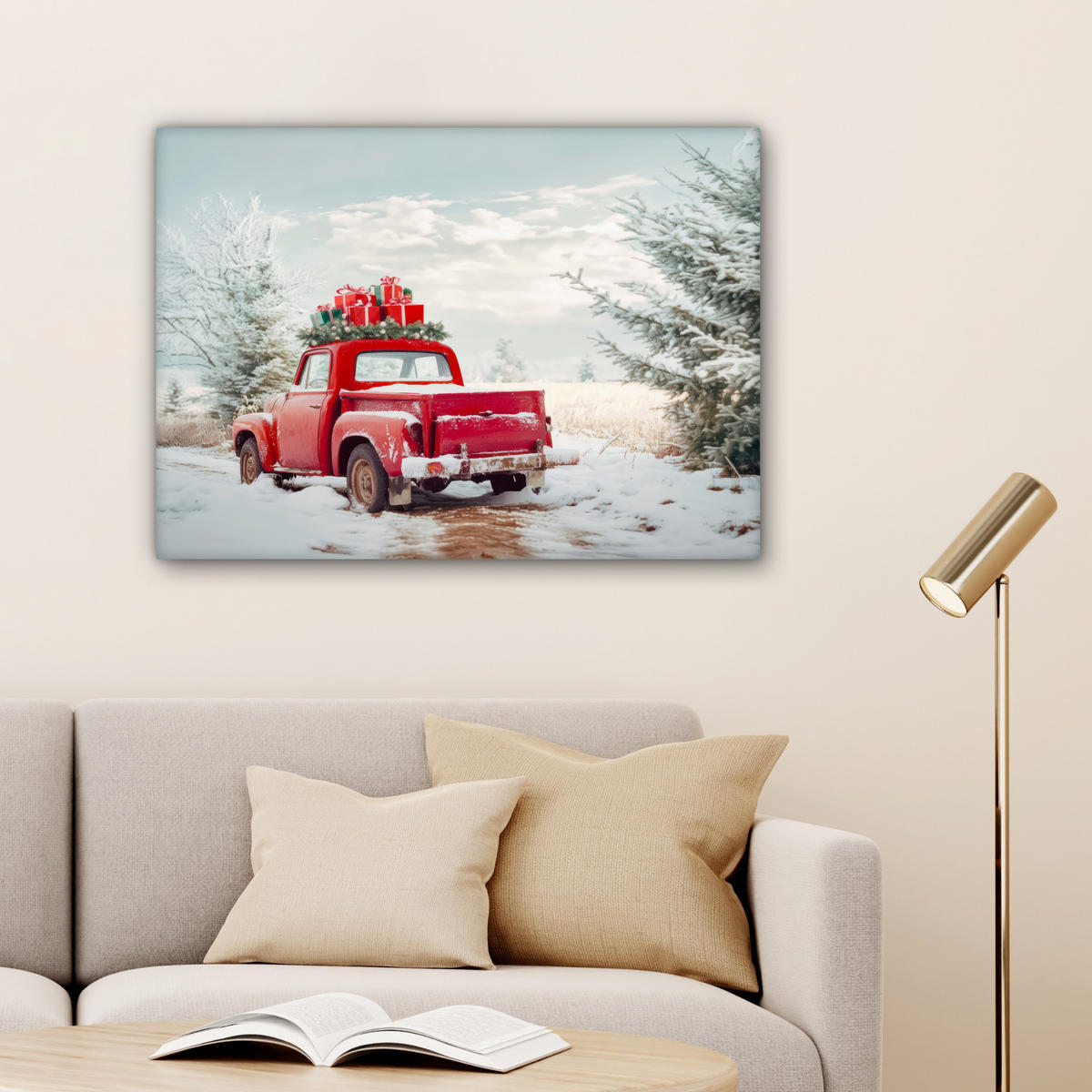 LEINWANDBILD Auto - Rot - Geschenke - Winter - Schnee - Weihnachten Wandbilder 80x60 cm - Rot, Textil (80/60cm) - MuchoWow