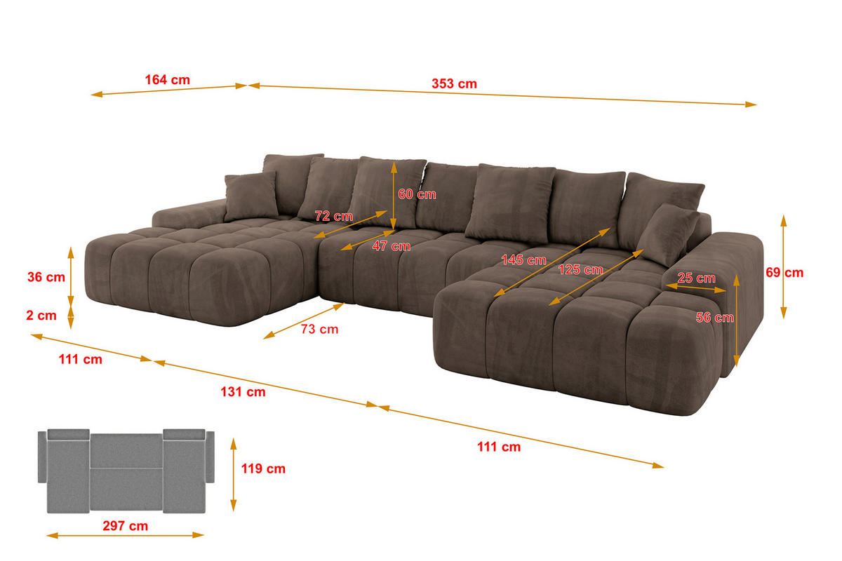 WOHNLANDSCHAFT ENSI-U - 353x164x88 cm Braun - Braun, Holzwerkstoff/Kunststoff (357/69/164cm) - ALTDECOR