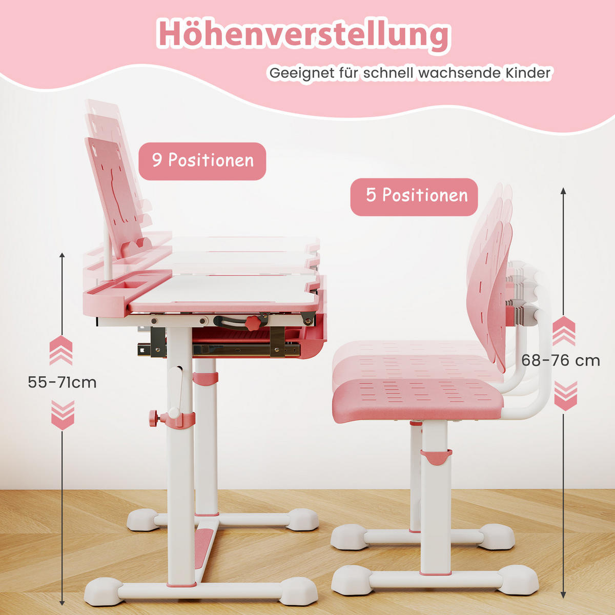 KINDERSCHREIBTISCH mit Stuhl Rosa(2-tlg) - Pink, Metall (80/83/50cm) - COSTWAY