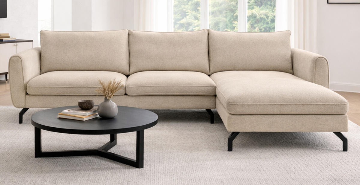 SOFA beige Webstoff 259 x 167 cm, Ecksofa 5-Sitzer, L-Sofa Ottomane rechts - Beige/Schwarz, Holz/Textil (259/167cm) - Inn.Furn