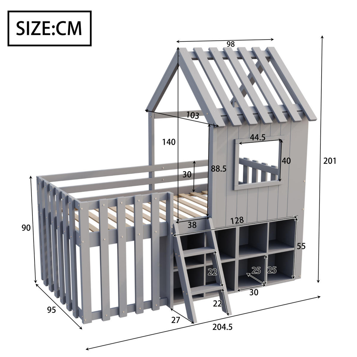 VÝŠKOVÁ posteľ 90/200 cm sivá s úložným priestorom a strechou z masívneho dreva - sivá, drevo (90/200cm) - OKWISH