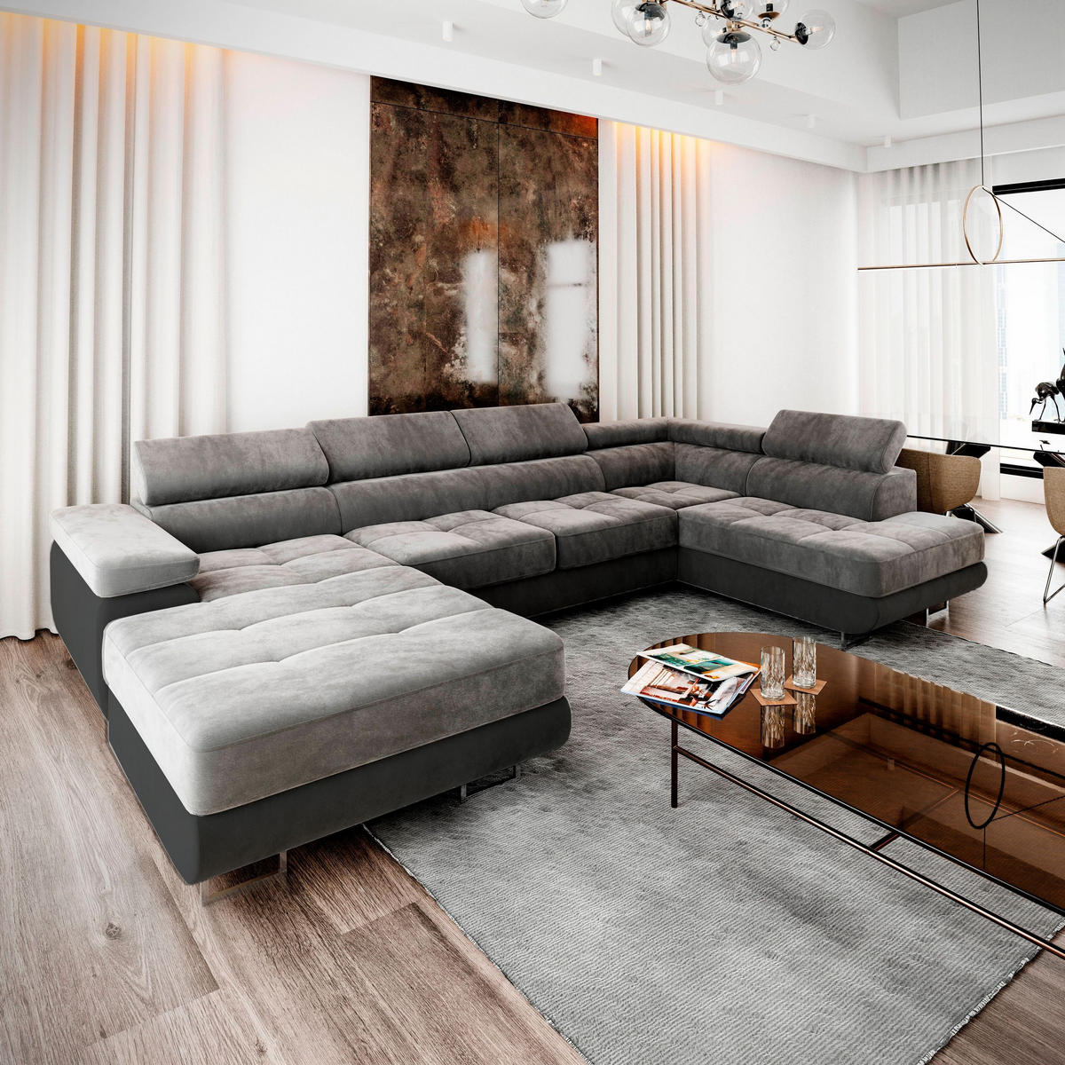 WOHNLANDSCHAFT CASONE R-S Hellgrau Velours-Stoff mit Schlaffunktion - Hellgrau, Holz (345/90/202cm) - MASSENO