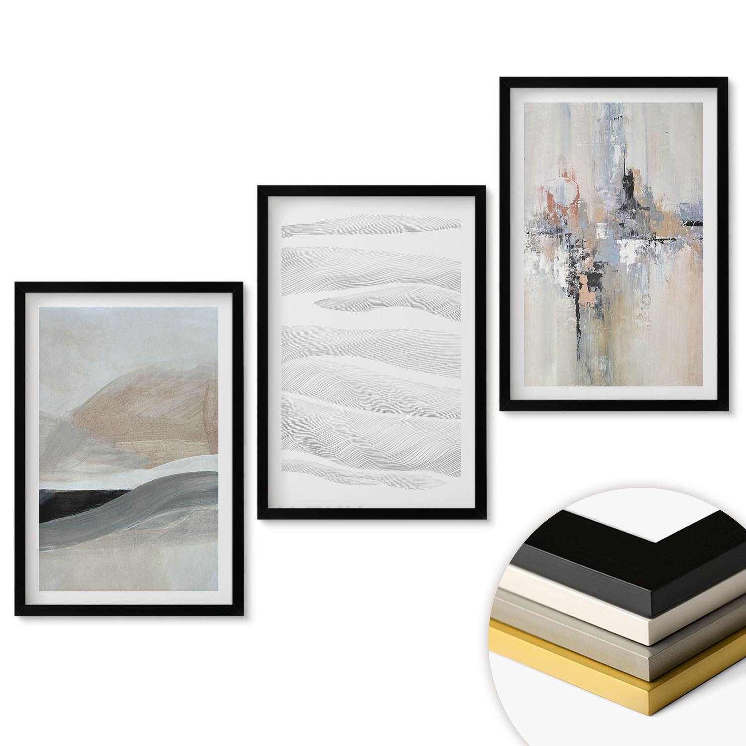 WANDBILDER 3er-Set - 40x60 cm Schwarzer Rahmen - Abstrakte Erdmuster - Schwarz, Kunststoff (40/60cm) - ArtPrintCave