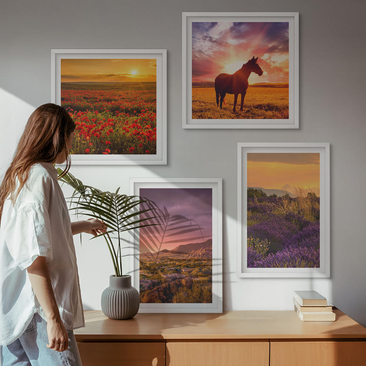 BILDER SET 4er Set - 50x50 cm & 40x60 cm Weißer Rahmen - Berglandschaft Rosslavendel - Weiß, Kunststoff (50/50cm) - TULUP