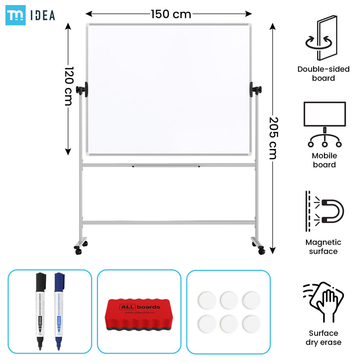 MOBILES Board, Serie: TM Idea/Flex – mit doppelseitiger Whiteboard-Oberfläche, drehbar, 150×120 cm - Weiß, Metall (150/120/62cm) - ALLboards
