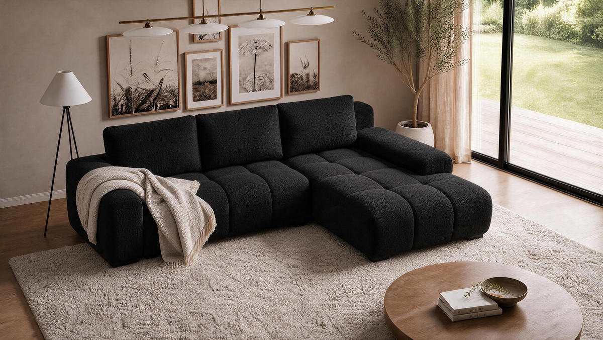 ECKSOFA Ovia mit Bettkasten und Schlaffunktion, Bouclé-Stoff in L-Form - Schwarz, Textil (270/185cm)