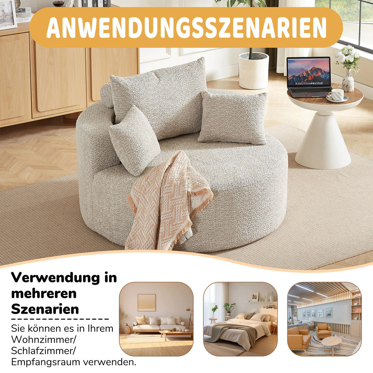 EINZELSESSEL aus Chenille in Khaki – rundes Cloud-Design & ohne Montage - Schlammfarben, Textil (127/85/127cm) - Urban Meuble