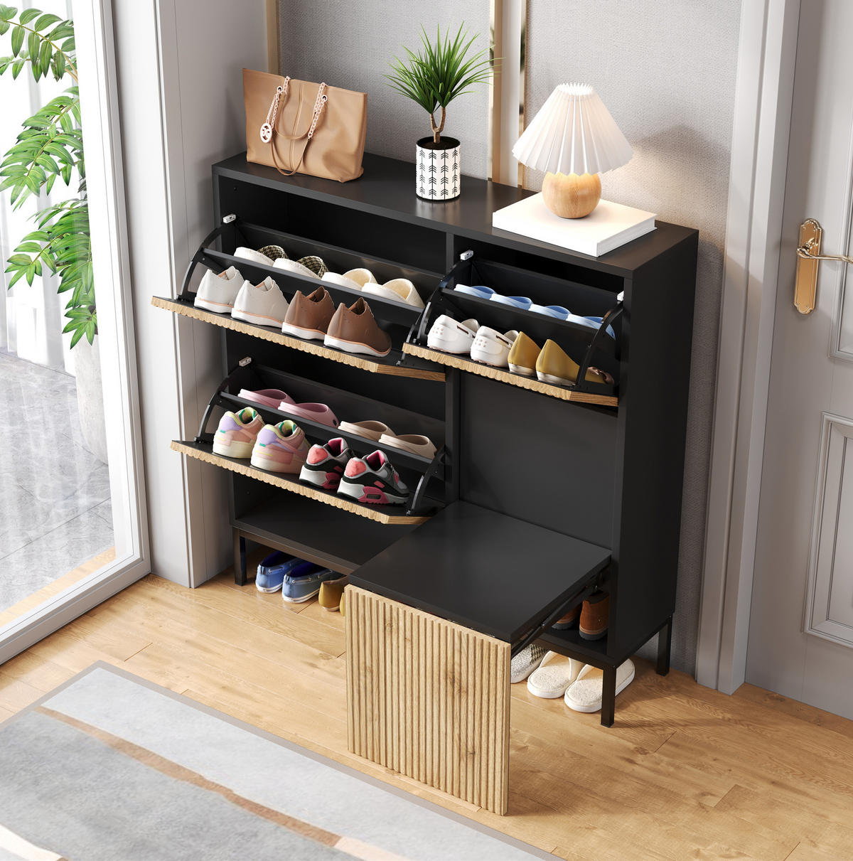 SCHUHSCHRANK 100/100/25 cm Schwarz/Natur aus MDF mit ausziehbarer Sitzbank - Schwarz, Holzwerkstoff (100/100/25cm) - OKMYHOME