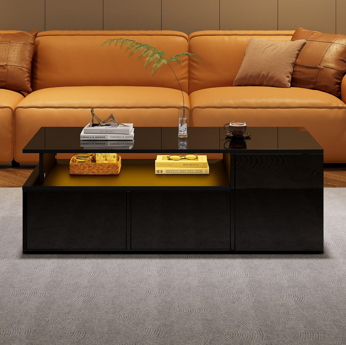 COUCHTISCH 100/50/35 cm mit LED-Beleuchtung, 2 Schubladen und 3 Ebenen in Hochglanz, Schwarz - Schwarz, Holzwerkstoff (100/50/35cm) - Redom