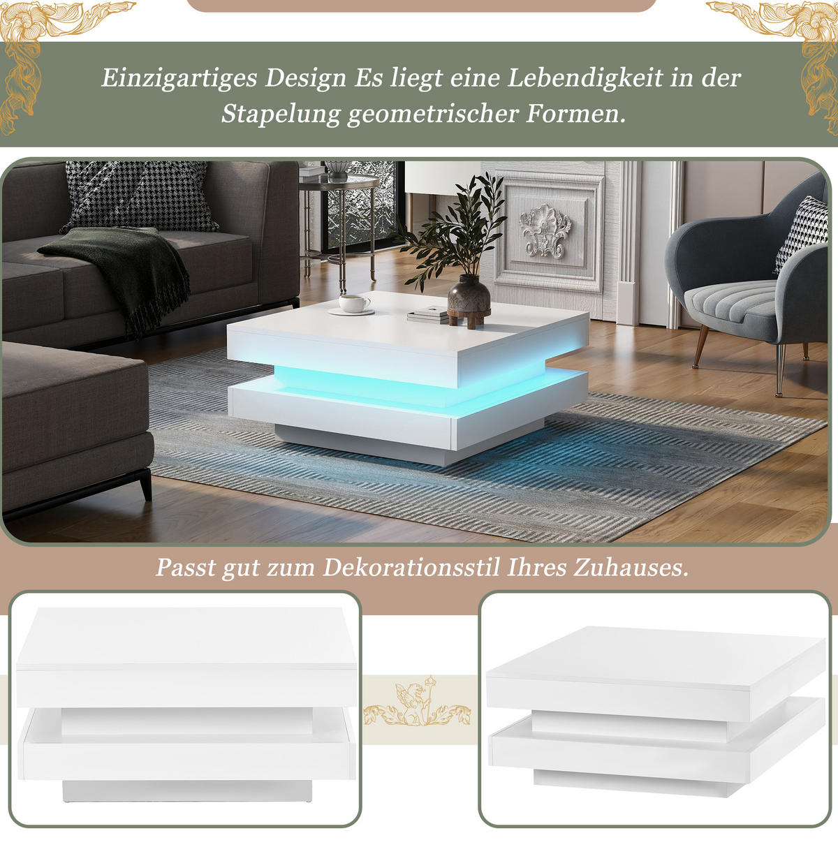 COUCHTISCH 70/70 cm Weiß aus Holzwerkstoff mit LED-Licht und drehbarer Platte - Weiß, Holzwerkstoff (70/70/36cm) - OKMYHOME