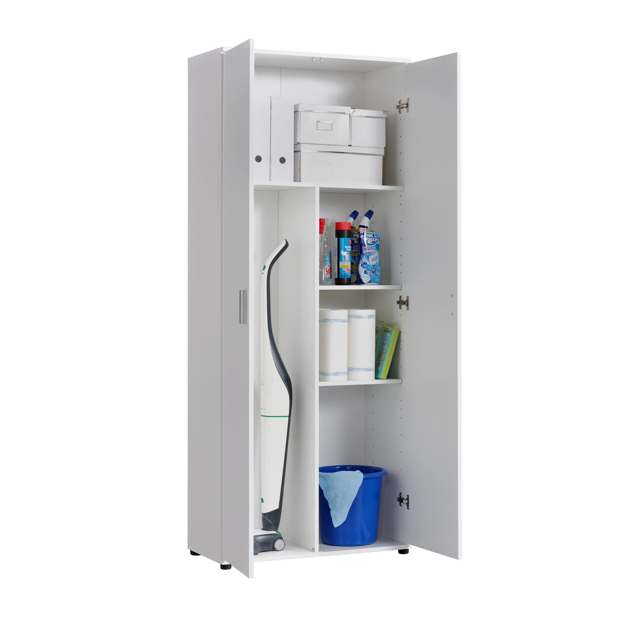 MEHRZWECKSCHRANK mit 2 Türen & 2 Einlegeböden und Fach für Staubsauger in weiß - Weiß, Holz (35/184/75cm) - Home Collective