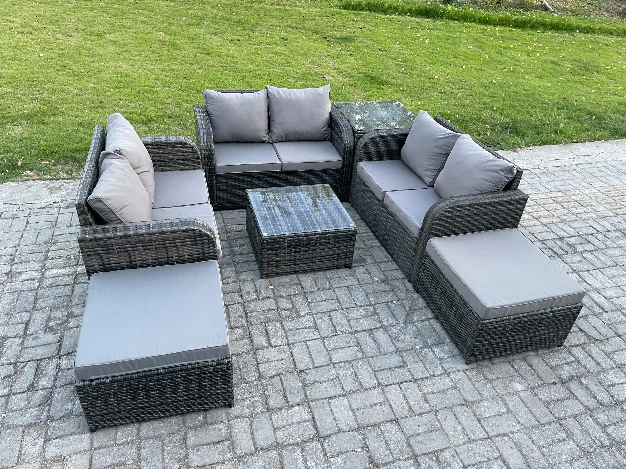 GARTENMÖBELGARNITUR Polyrattan Dunkelgrau 7-Sitzer - Dunkelgrau, Metall - Fimous