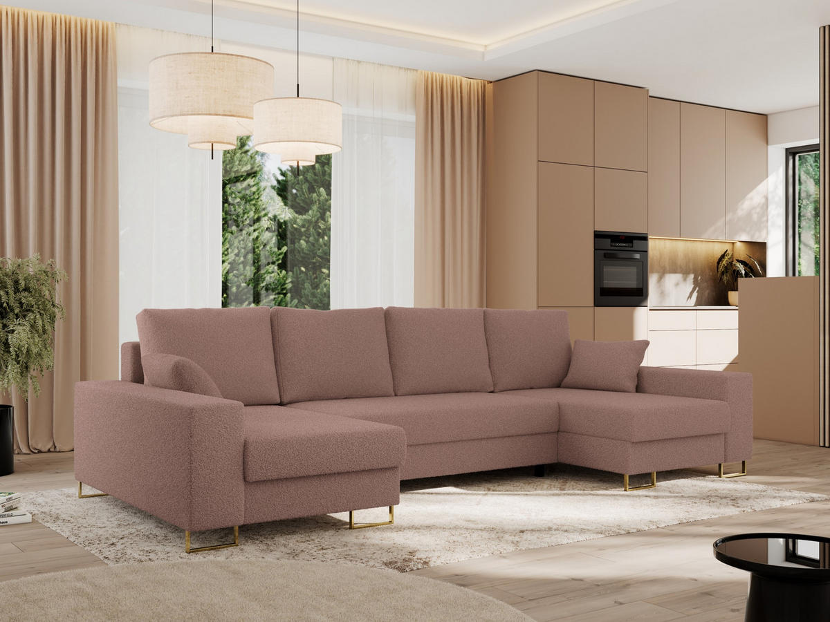 WOHNLANDSCHAFT DORIAN U Bouclé Rosa - Goldfarben/Rosa, Textil/Metall (312/95/138cm) - MKS