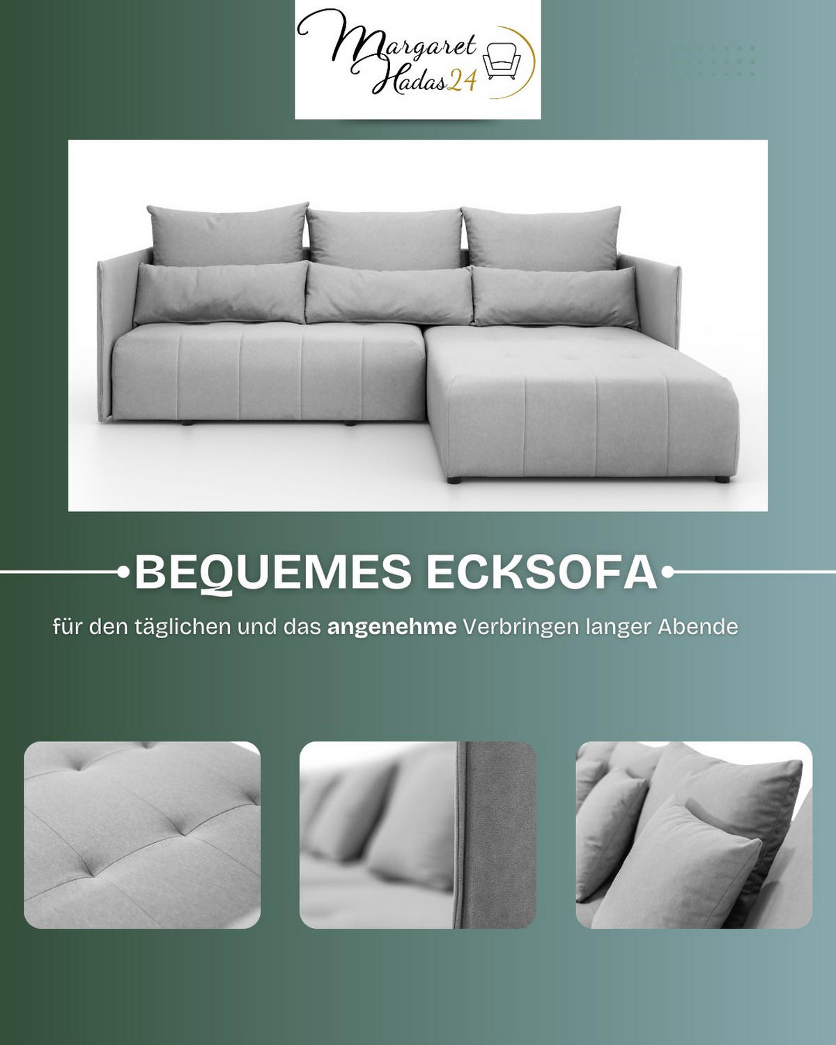 ECKSOFA L Form Hanna 246 x 188 cm mit Schlaffunktion und Bettkasten, 4 Sitzer, Bettzeugablage, Sofa, Eckcouch, hellgrau, rechts - Hellgrau, Kunststoff (188/246cm) - Margaret Hadas24
