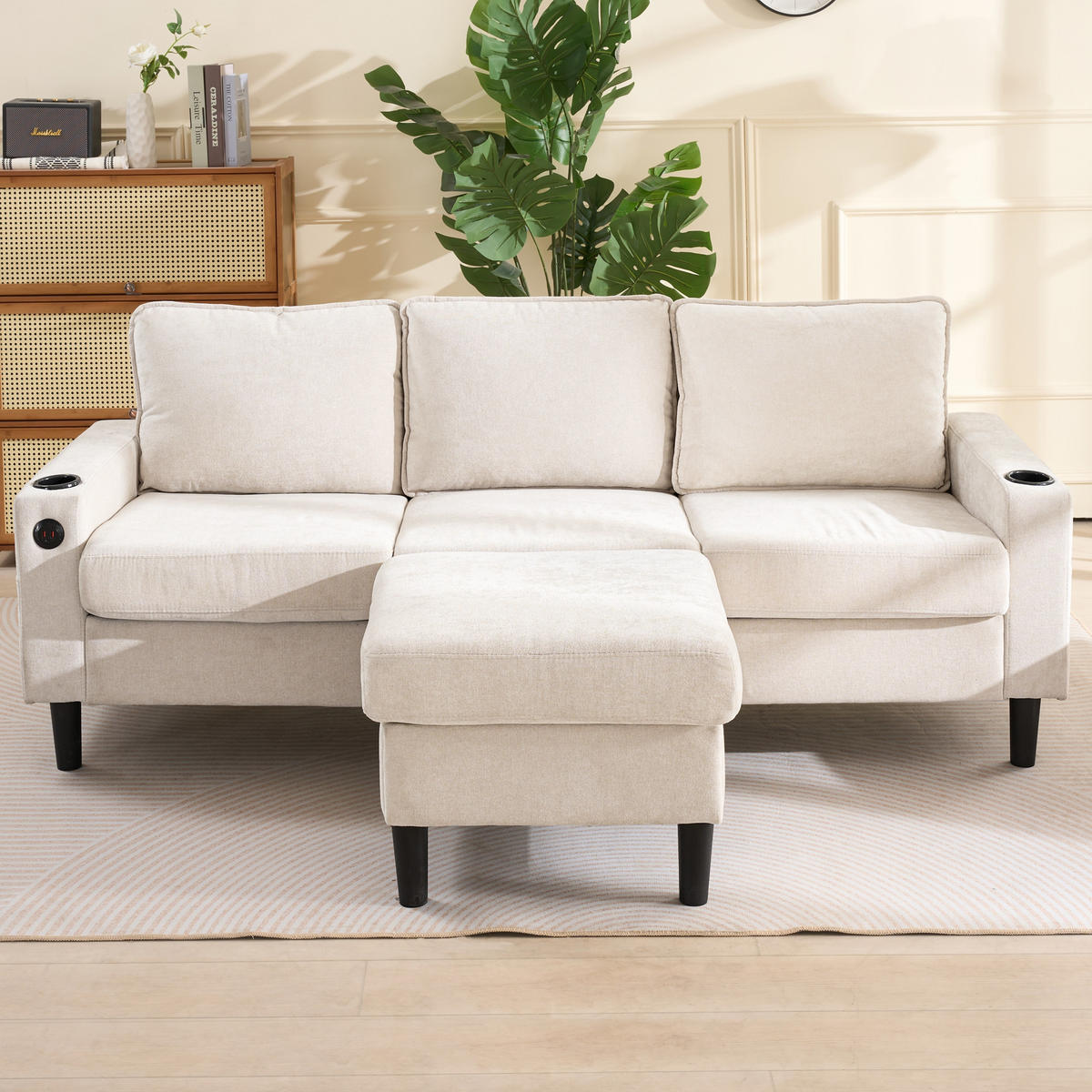3-SITZER ECKSOFA Leinen Beige mit USB, Type-C und Hocker - Beige, Holzwerkstoff/Textil (202/137cm) - WISHDOR