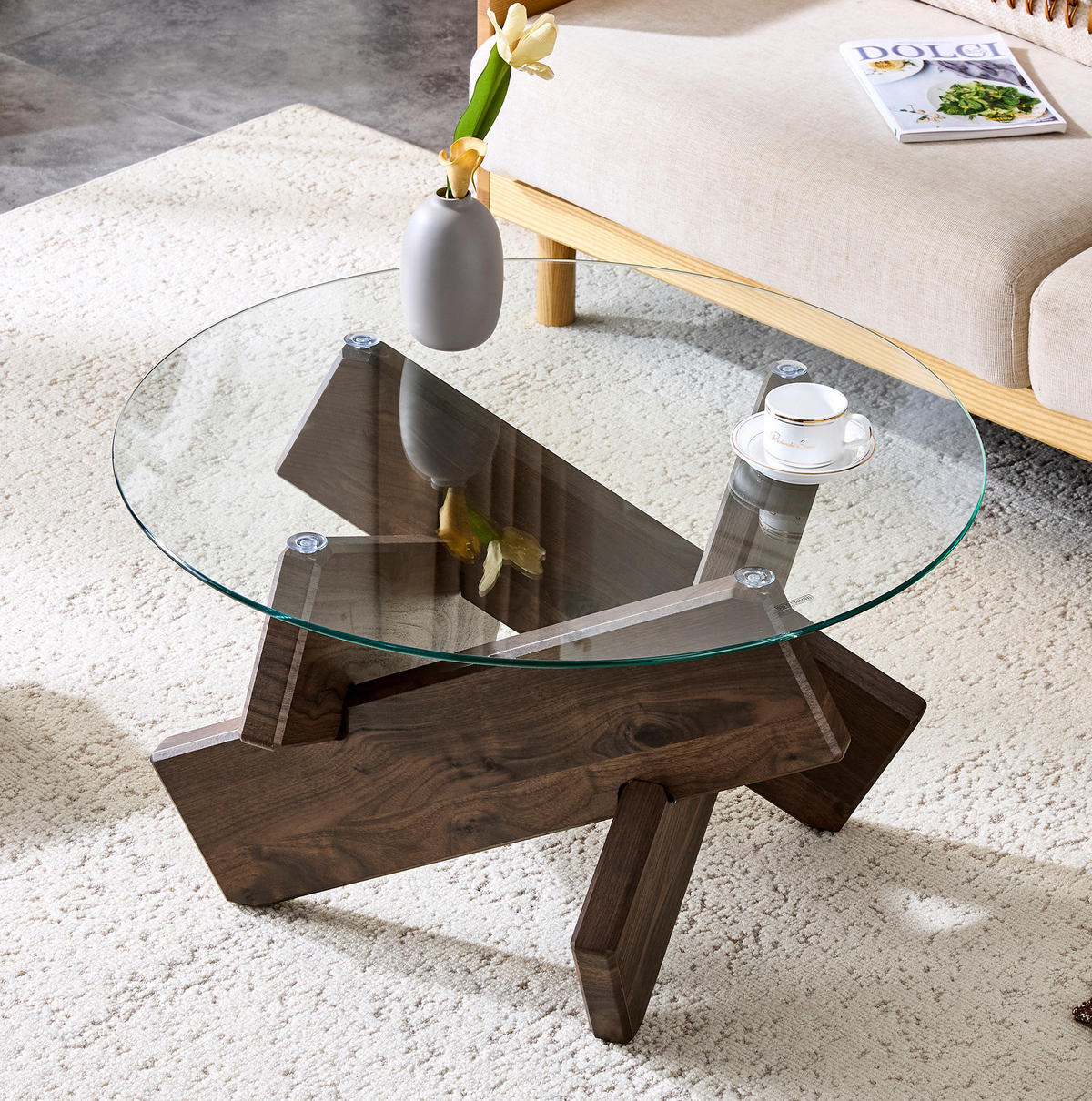 COUCHTISCH aus MDF und Glas 79x79x45 cm Transparent/Walnuss mit kreuzförmigem Gestell und pflegeleichter Oberfläche - Klar, Holzwerkstoff (79/79/45cm) - Modfu