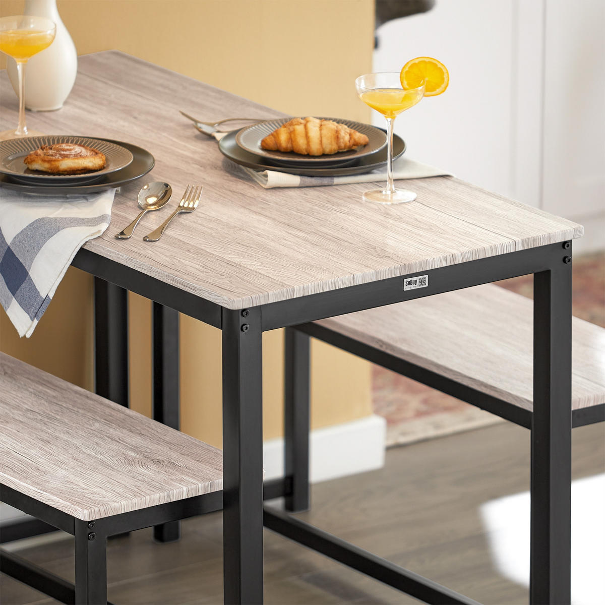 ESSTISCH + 2 x SITZBÄNKE - Naturfarben, Holzwerkstoff/Metall (110/74/58cm) - SoBuy