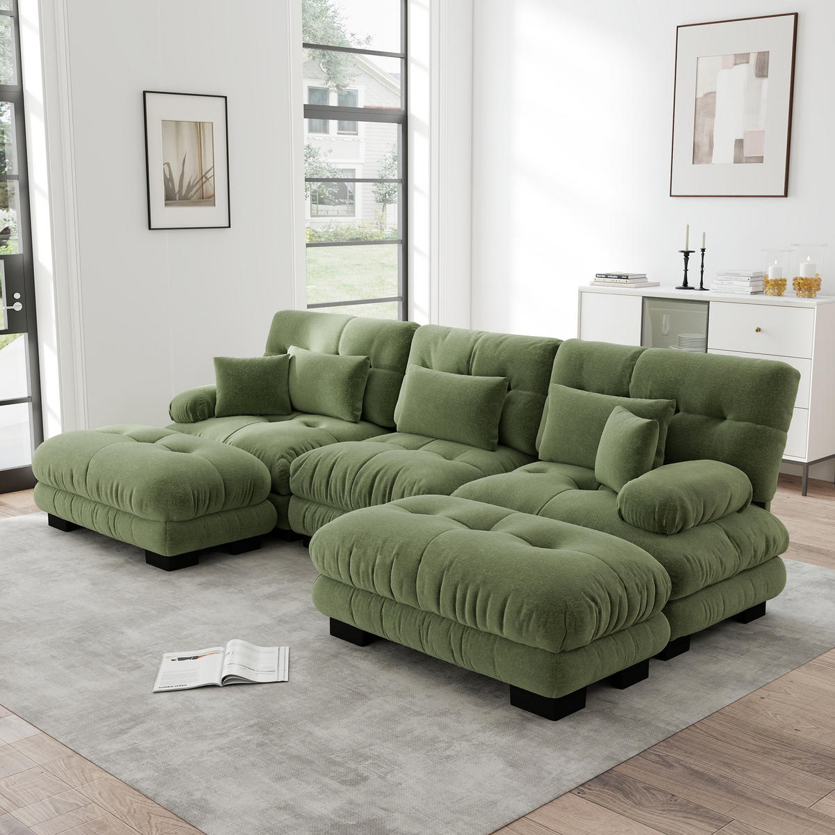 WOHNLANDSCHAFT Chenille Grün mit Ottomane - Grün, Textil (313/81/145cm) - WISHDOR