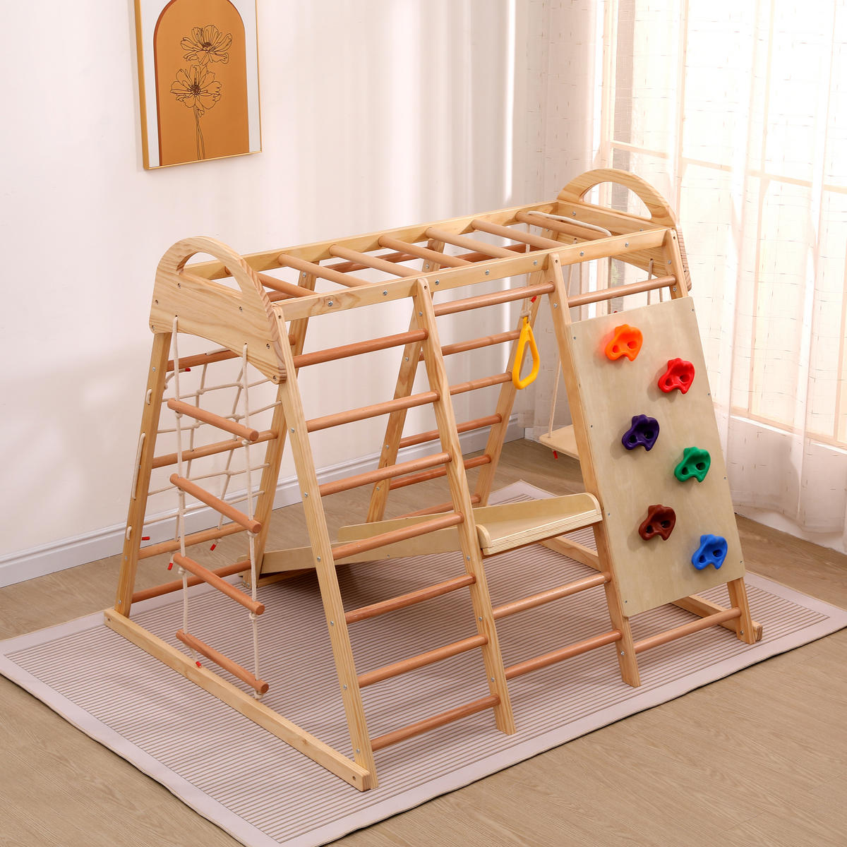 KLETTERGERÜST 7-in-1 Holz Schaukel Rutsche Kletterwand Netz modern - Naturfarben, Holz (120/134cm) - FLIEKS