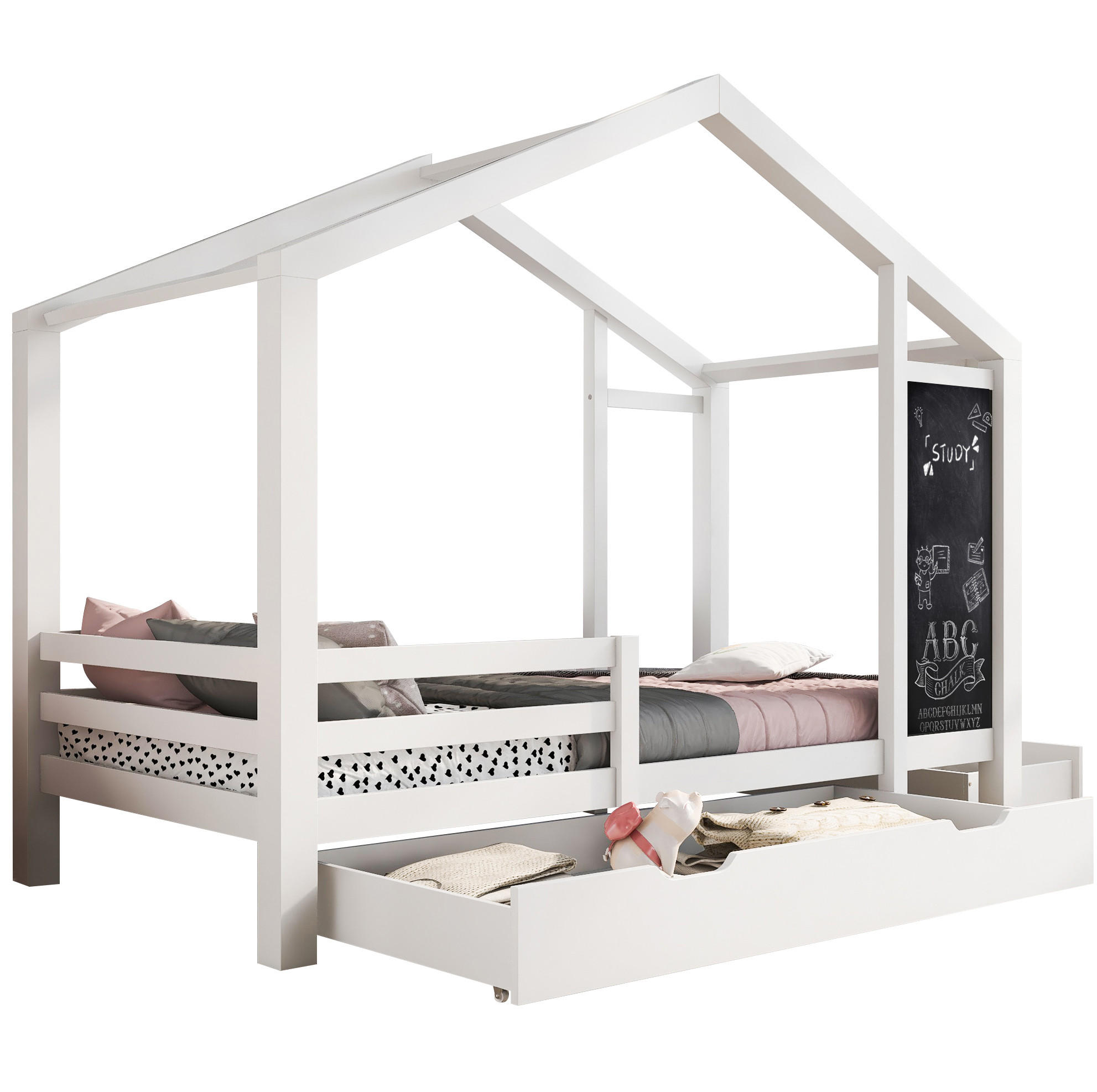 HAUSBETT 90/200 cm Weiß aus Massivholz mit Tafel und 2 Schubladen - Weiß, Holz (90/200cm) - Flora Grace