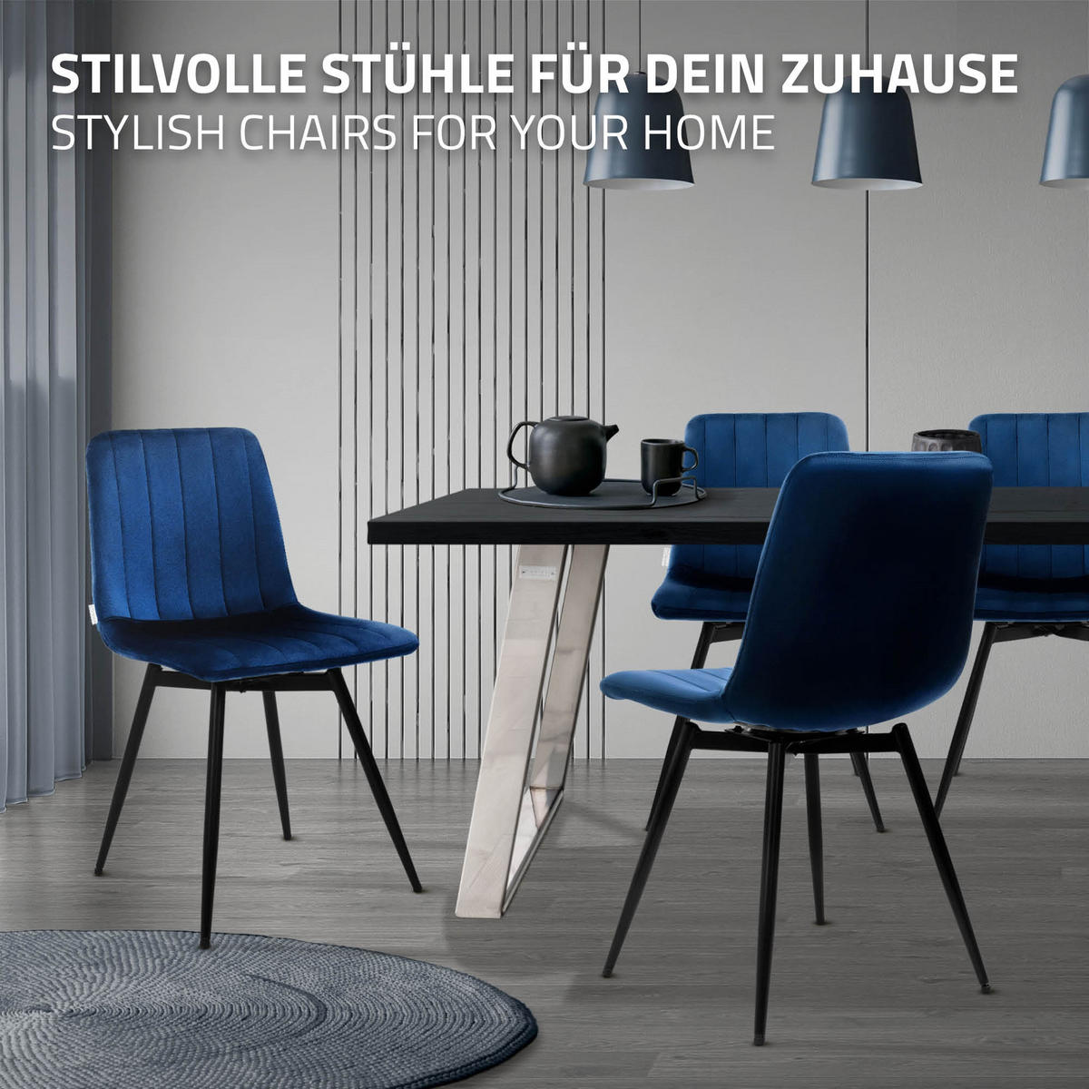 ESSZIMMERSTÜHLE 2er Set drehbar Küchenstühle gepolstert aus Samt Dunkelblau - Schwarz/Dunkelblau, Textil/Metall (43/81/52cm) - ML-DESIGN