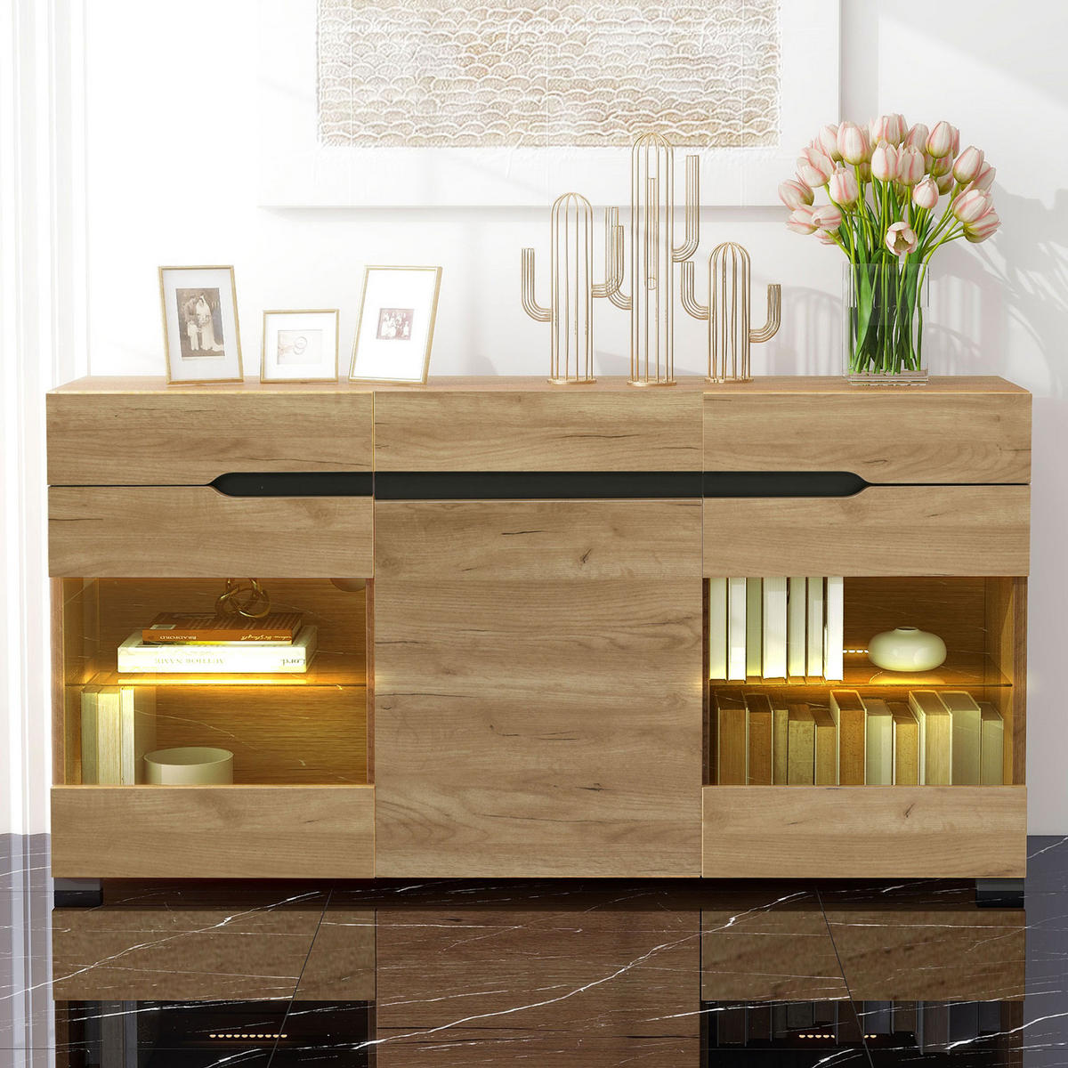 SIDEBOARD 140/35/80 cm mit 3 Türen, 3 Schubladen & LED in Eiche-Optik - Naturfarben, Holzwerkstoff (140/80/35cm) - BEAOK