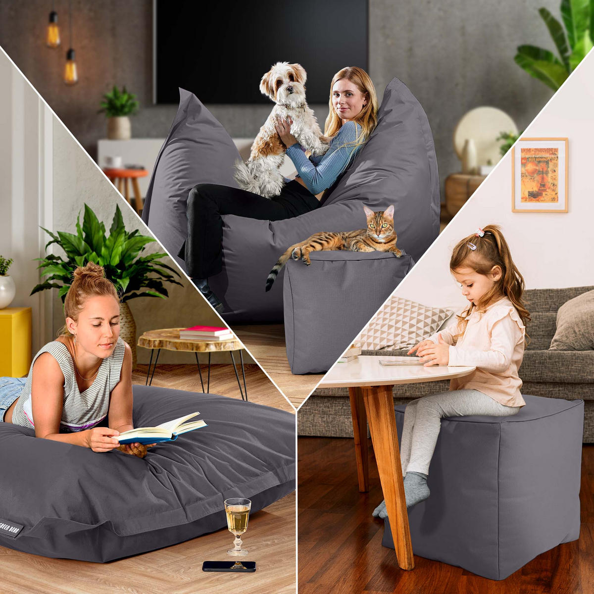 XXL-SITZSACK + Pouf 2er Set - 140x180cm - Anthrazit, Textil (140/25/180cm) - Green Bean