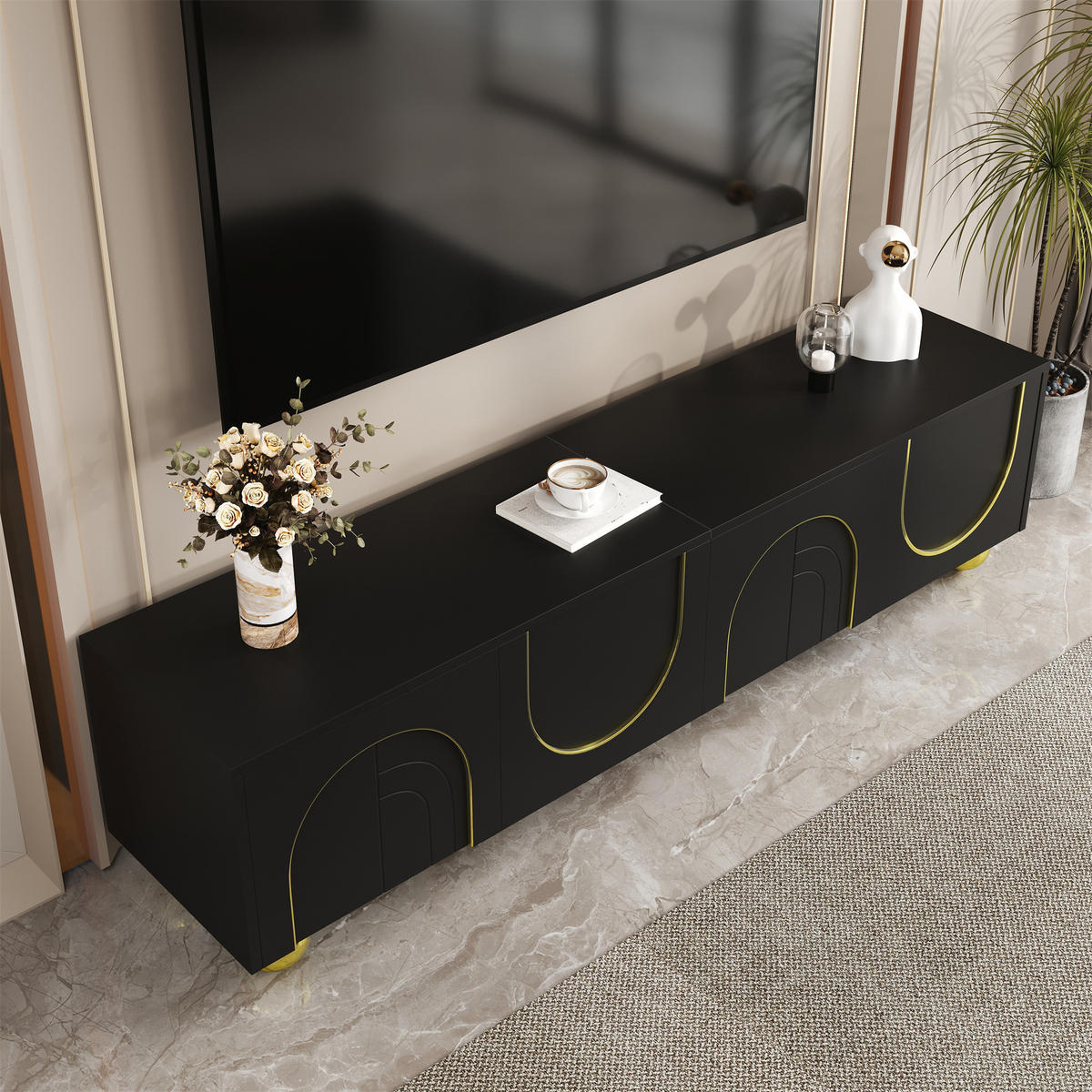LOWBOARD in Schwarz und Gold TV-Schrank mit strukturierten Türen für Wohnzimmer, B170/T38/H44 cm - Goldfarben/Schwarz, Holzwerkstoff/Metall (170/44/38cm) - STILVORA