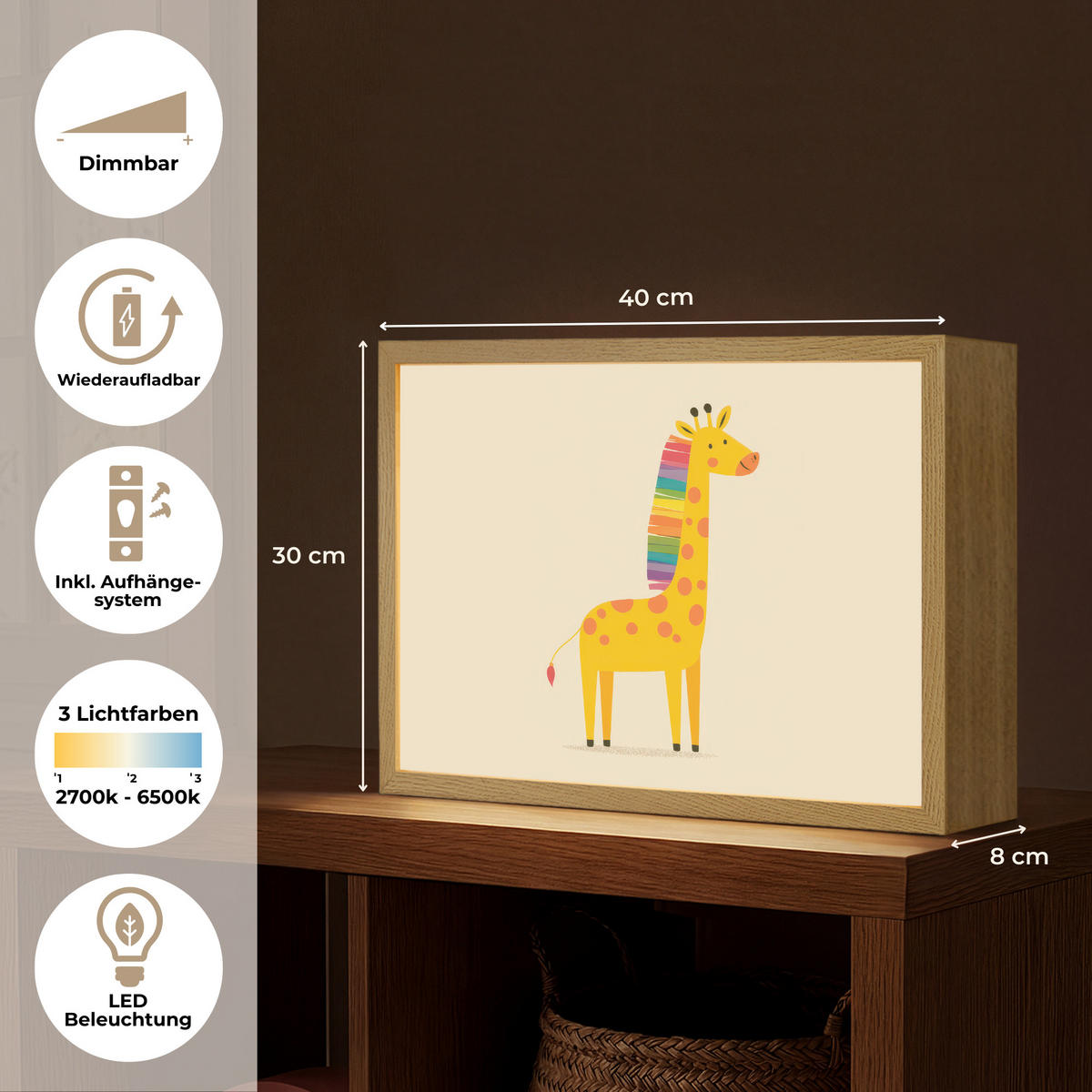 NÁSTĚNNÁ LAMPA S AKUMULÁTOREM Žirafa - Duhová hříva - béžová 40x30 cm - béžová, kompozitní dřevo (40/30/8cm) - OnlyWow
