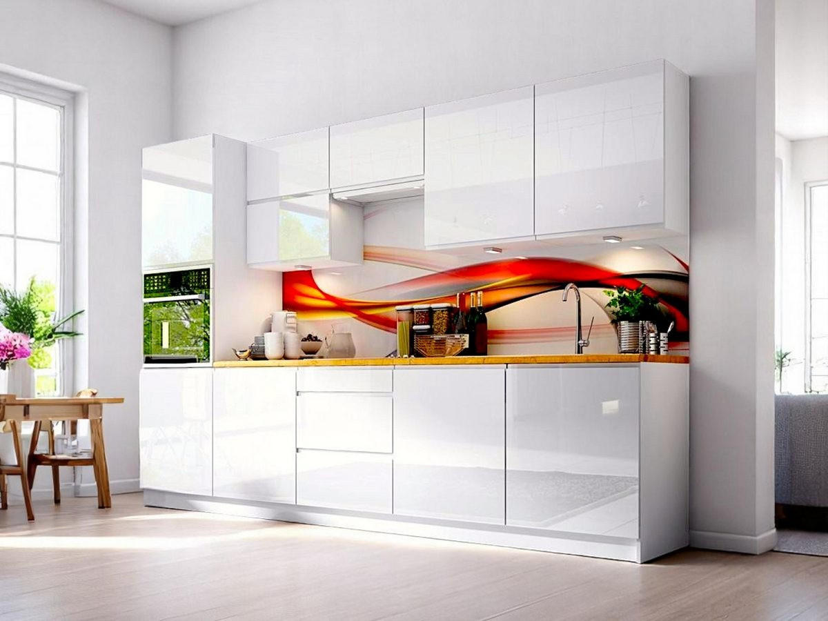 KÜCHENZEILE 300 cm - Aspen K56-M300 - in Weiß/Hochglanz - Weiß Hochglanz, Holz (300/212/60cm)