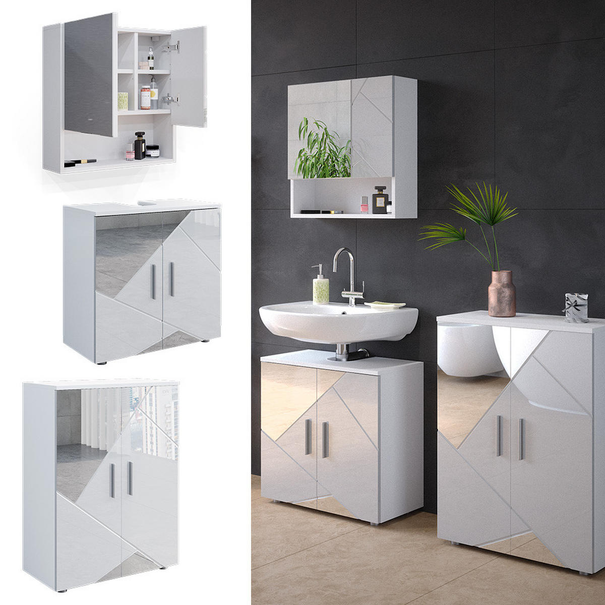 BADMÖBEL-SET Irma Weiß 3 Teile, mit Unterschrank 60 cm - Weiß Hochglanz/Weiß, Holzwerkstoff (80/58.6/41cm) - Vicco