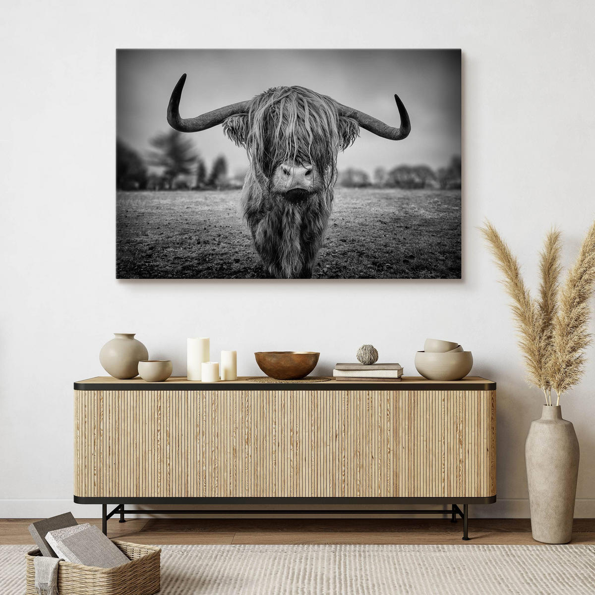 LEINWANDBILD Wilde Schottische Kuh Tier Natur 3D 40/30 cm - Schwarz/Weiß, Textil (40/30cm) - Muralo