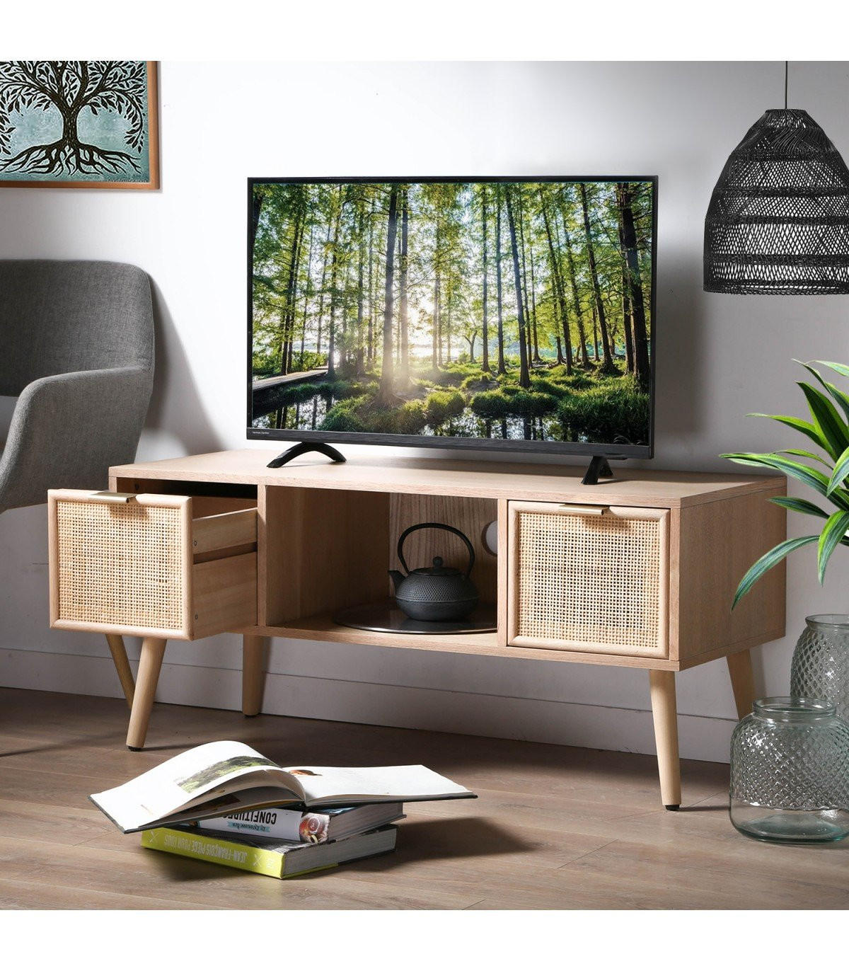 TV-MÖBEL mit 2 Schubladen Vorderseite aus Rattan - L100 cm - Apfelbaumfarben, Holzwerkstoff (42/45/100cm) - Calicosy