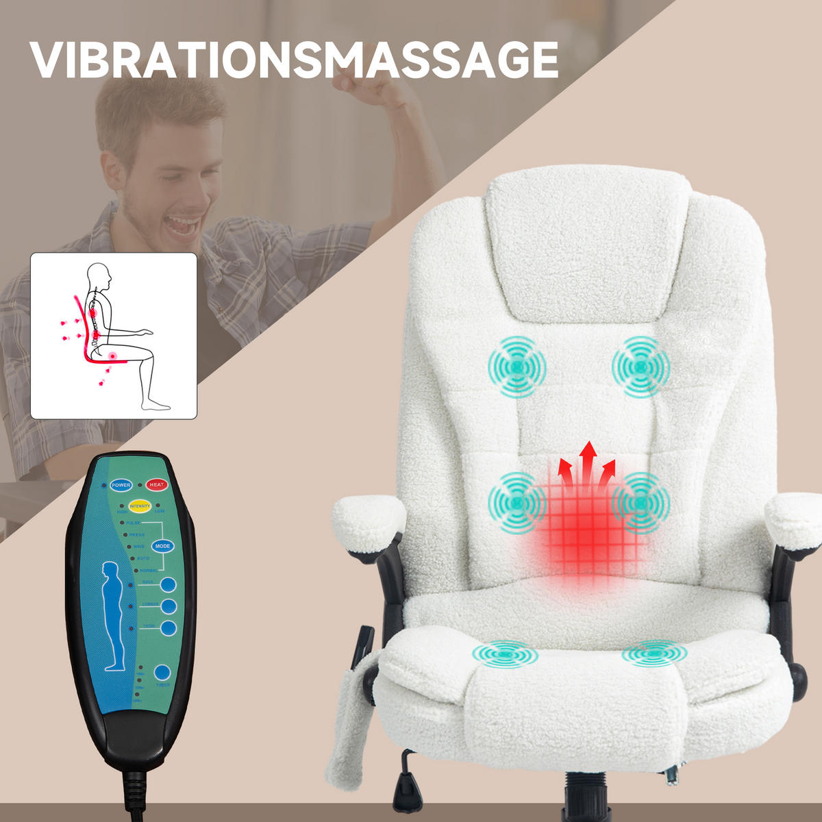 MASSAGE-BÜROSTUHL mit Wippfunktion, Schreibtischstuhl mit Heizfunktion, Weiß - Schwarz/Weiß, Kunststoff/Textil (74/116/67cm) - Vinsetto