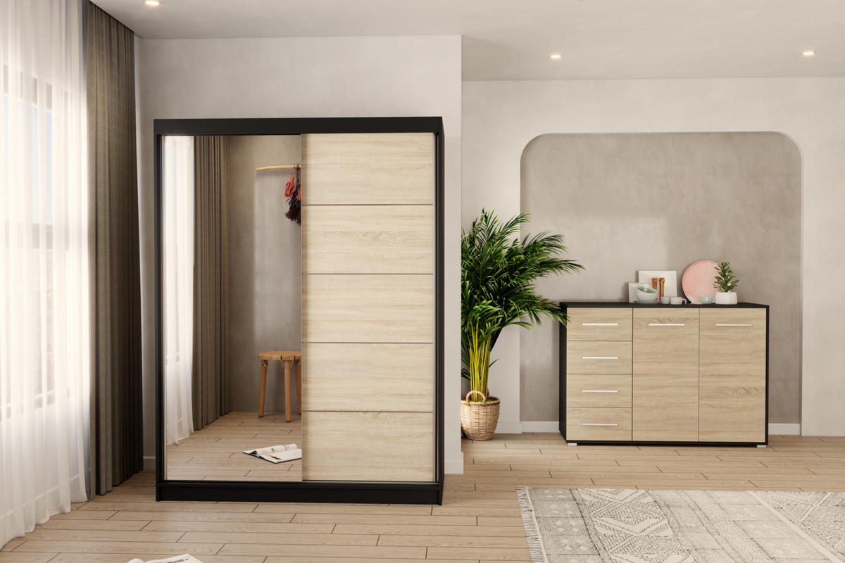 KOMMODE - Highboard IRYS 01 2D4S Schwarz + Sonoma - Schwarz/Sonoma Eiche, Holzwerkstoff (135/95/45cm) - Möblo