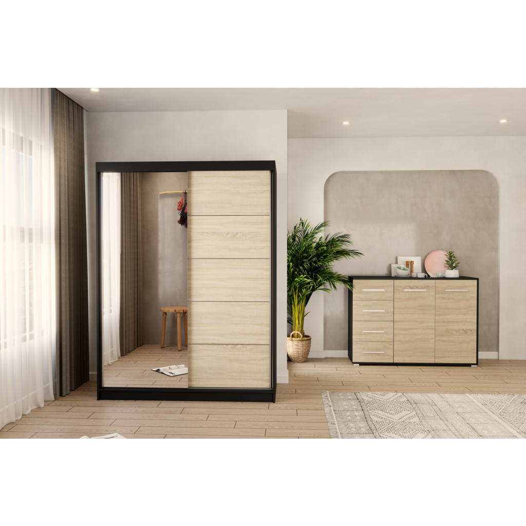 Thumbnail - Möblo Kommode, Schwarz, Sonoma Eiche, Holzwerkstoff, 4 Schubladen, Rechteckig, 135x95x45 cm, Wohnzimmer, Kommoden & Side...