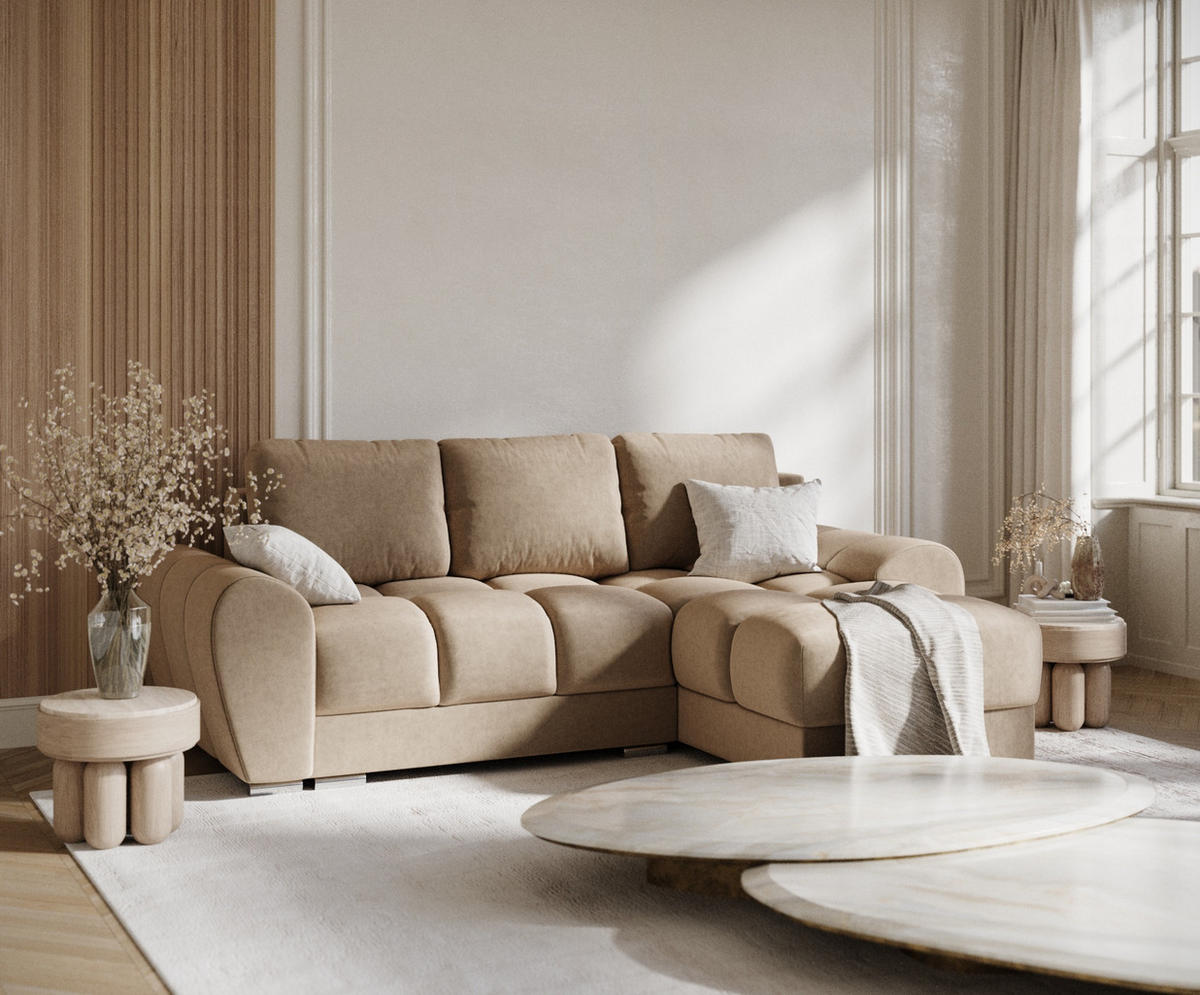 ECKSOFA MIT SCHLAFFUNKTION Peebles Beige Samtstoff - Chromfarben/Beige, Holz/Holzwerkstoff (256/175cm) - Maison de Reve