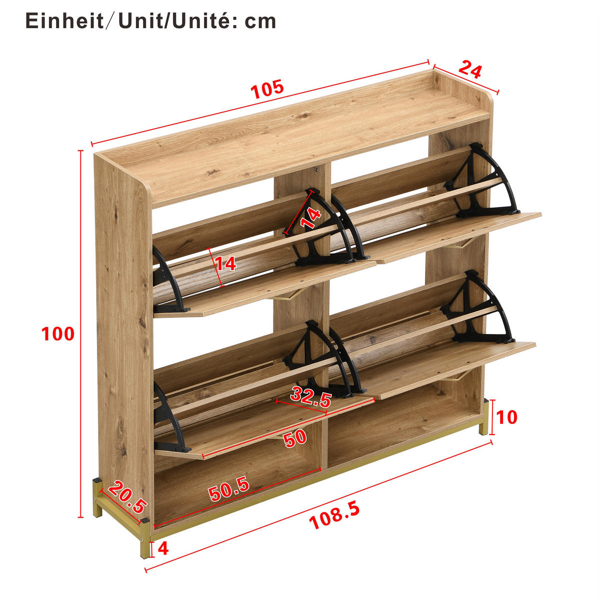 IN Naturfarben Schuhkommode mit 4 Türen,platzsparend,robust und stilvoll für Flur und Eingangsbereich,B108.5/T24/H100cm - Goldfarben/Naturfarben, Holzwerkstoff/Metall (105/100/24cm) - STILVORA
