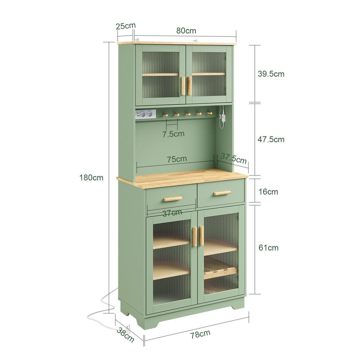 SIDEBOARD mit Weinregal und Glastüren, Küchenschrank Grün 80x40x180 cm - Ahornfarben, Fell (78/180/38cm) - SoBuy