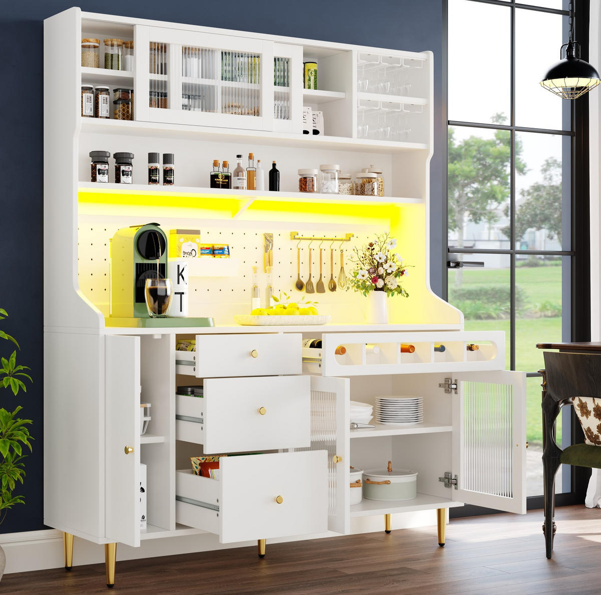 BUFFET 145/39/171 cm aus MDF und Glas mit LED-Beleuchtung und verstellbaren Einlegeböden Weiß - Weiß, Holzwerkstoff (145/171/39cm) - Modenvie