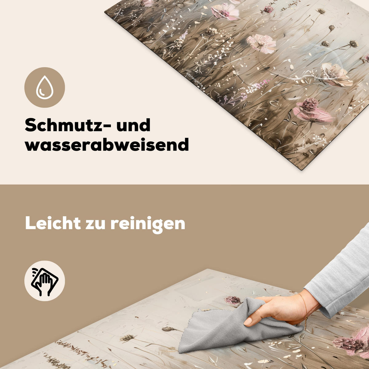 HERDABDECKPLATTE Blumen - Beige - Trockenblumen Induktionsmatte 81x52 cm - Beige, Kunststoff (81/52/0.2cm) - MuchoWow