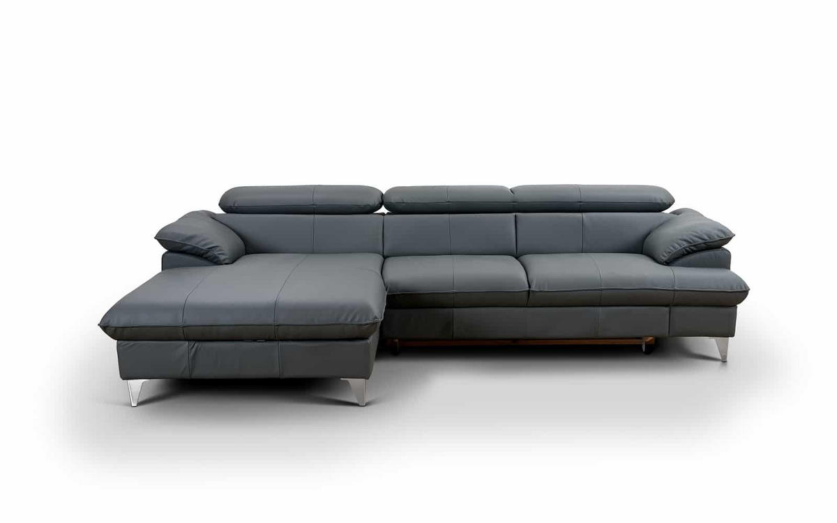 ECKSOFA mit Schlaffunktion und Bettkasten, Echtleder - Chromfarben/Anthrazit, Leder/Holz (254/167cm) - Cotta