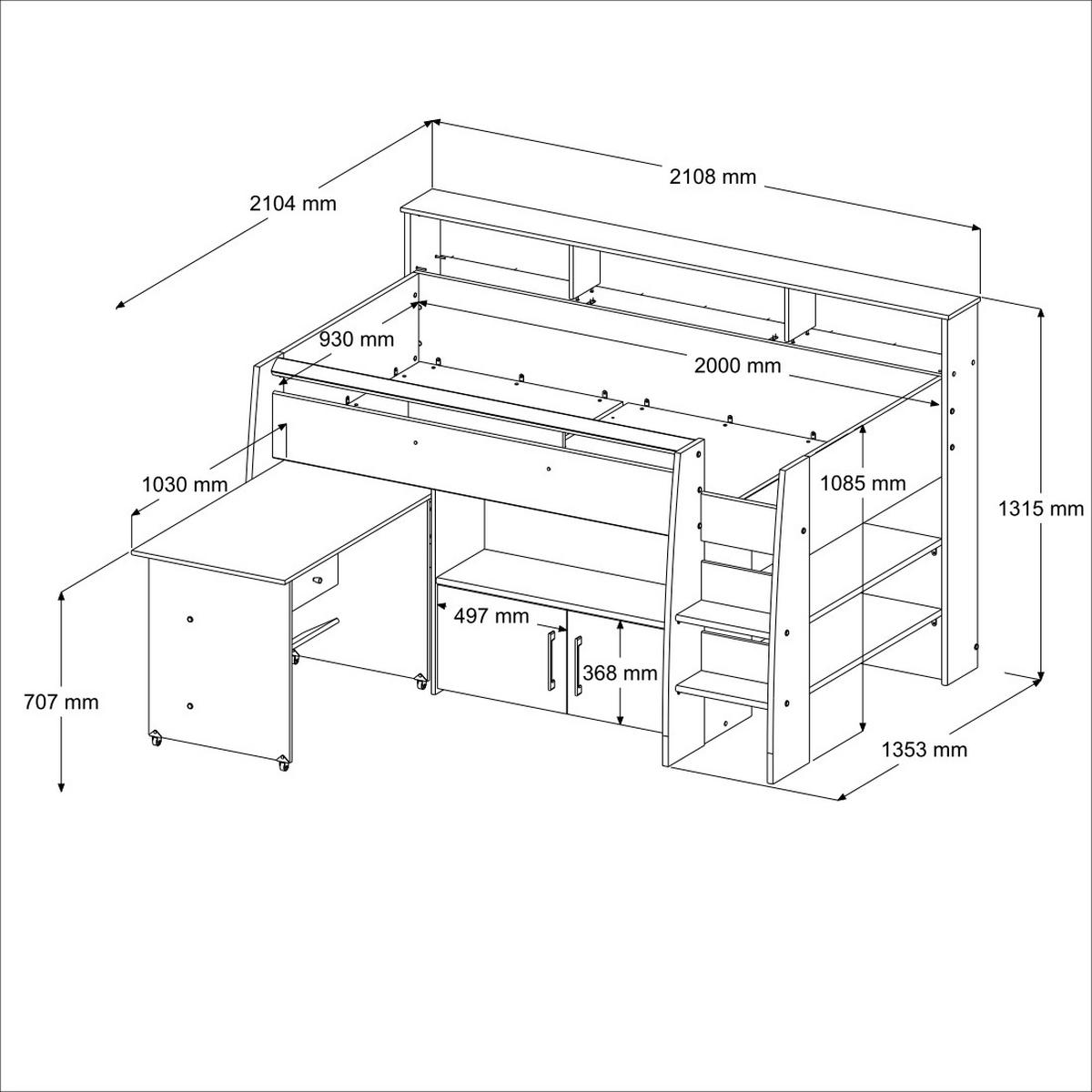 HOCHBETT Jugendzimmer mit Schreibtisch ausziehbar Bett 90 x 200 - Silberfarben/Weiß, Holz/Kunststoff (90/200cm) - Parisot Meuble