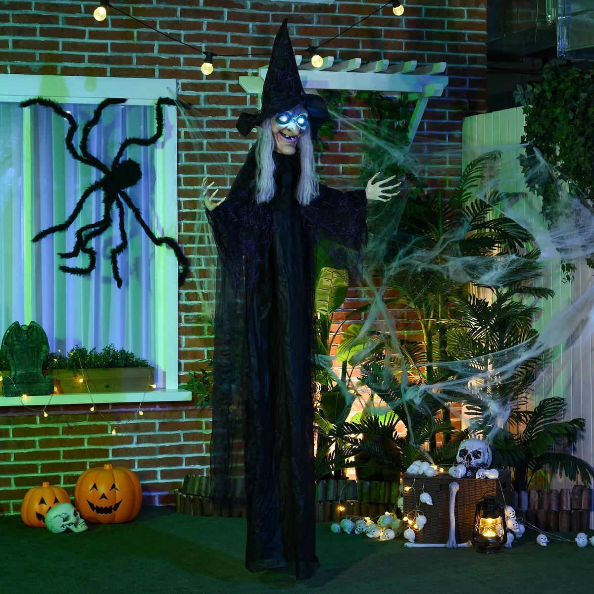 183 cm halloweenská dekorace Halloweenská čarodějnice s LED světly, zvuková funkce - černá, plast (18/183/130cm) - HOMCOM