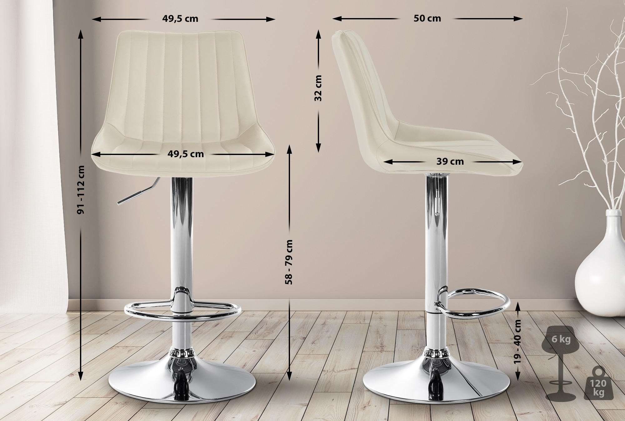 BARHOCKER RIO Creme Kunstleder Chrom - Creme, Leder/Metall (49.5/91/50cm) - DELUKE