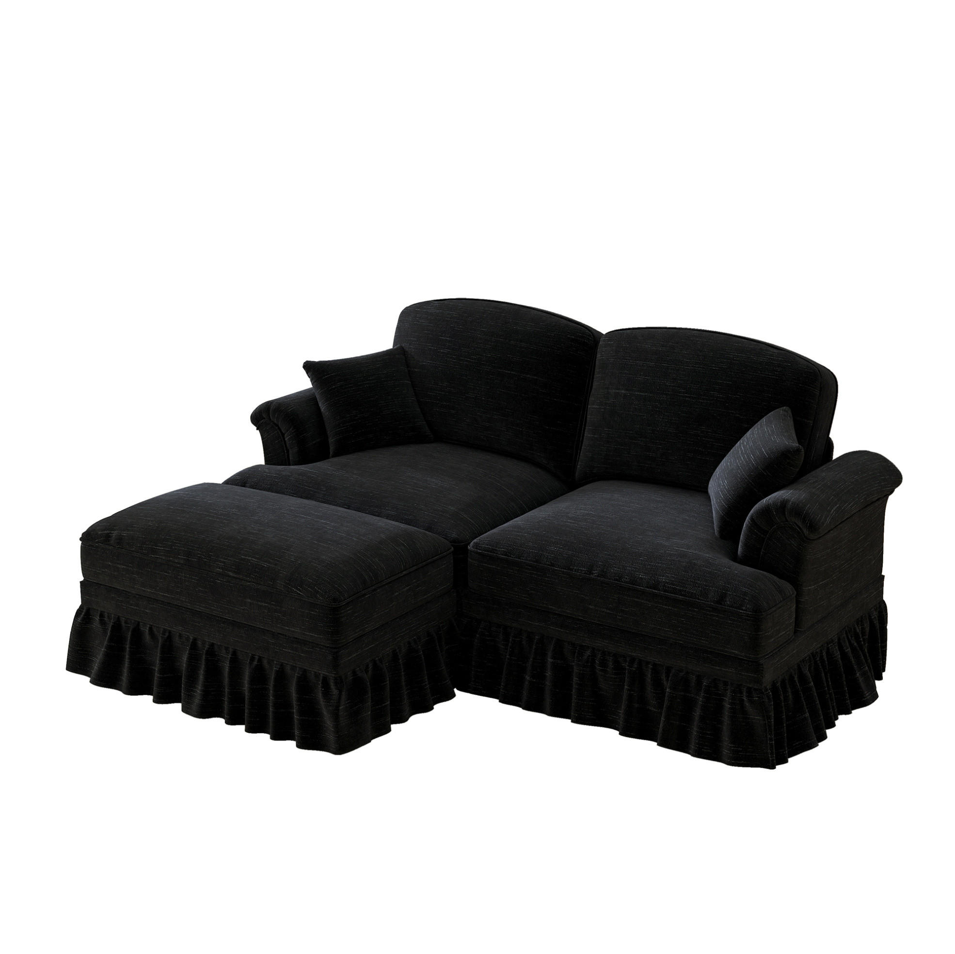 ECKSOFA 194/140/93 cm schwarz aus Chenille mit abnehmbarem Rüschenrock und beweglichem Hocker - Schwarz, Textil (140/194cm) - OKWISH
